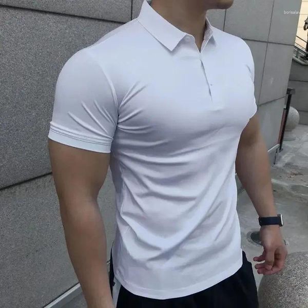 Polos pour hommes polos mâle blanc avec collier tee gymnase t-shirt muscles tops mode xl vêtements 2024 polyester ordinaire été