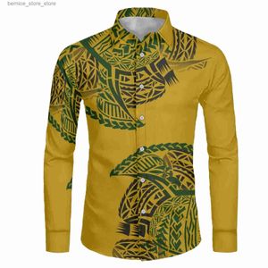 Herenpolo's Polynesische Tribal Fijian Totem Tattoo Fiji-prints Heren Casual overhemd Lange mouwen Modieus Bedrukte knop VS MAAT S M L XL 2XL 3XL Q231215