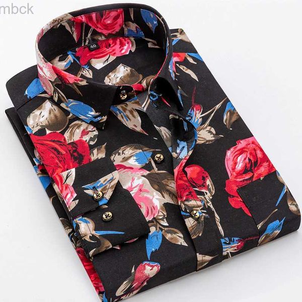 Polos para hombre con estampado de primavera y otoño para hombre, camisas de manga larga estampadas para hombres jóvenes y de mediana edad, camisa informal ajustada elegante azul púrpura rojo