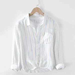 Heren Polo's Pure linnen shirts Japanse jeugd lange mouwen shirts herfsttrend alle revers gestreepte shirts heren Mens Clothingl2405