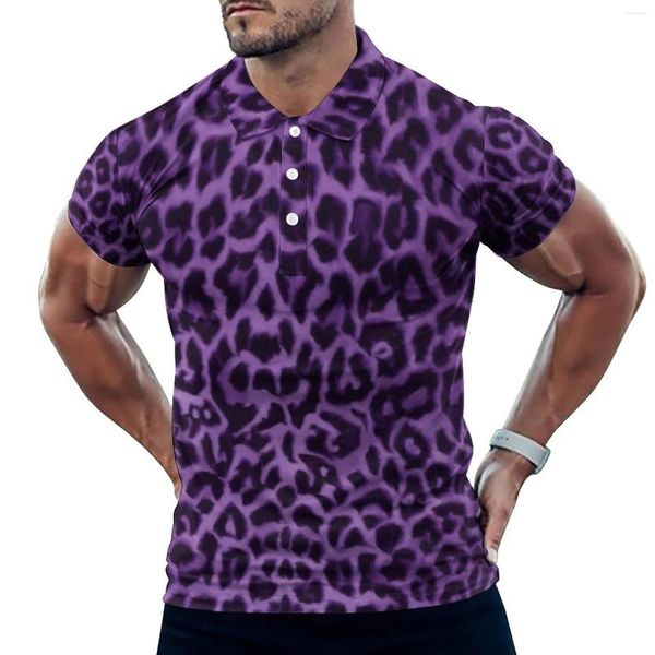 Polos pour hommes Polos léopard violet imprimé animal chemise décontractée jour streetwear t-shirts hommes col à manches courtes graphique haut surdimensionné