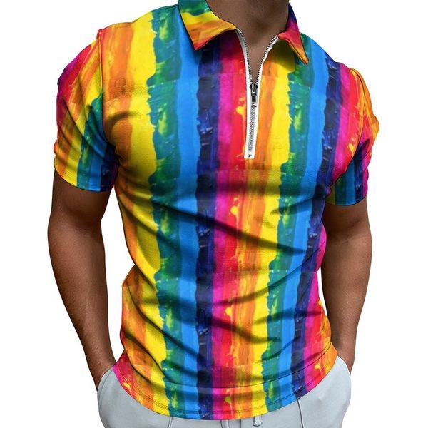 Polos pour hommes Rainbow Pride Polos Hommes Abstract Stripes Art Casual Shirt Plage Y2K Zipper T-Shirts Manches Courtes Conception Oversize Vêtements 230719