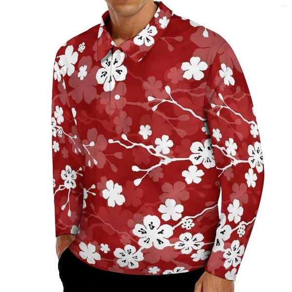Polos para hombres Camisetas casuales florales rojas y blancas Hombres Camisa polo de manga larga con flores de cerezo Cuello Camisa de diseño de otoño de moda Tallas grandes 5XL