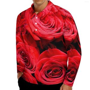 Polos para hombre, camisetas informales con estampado de rosa roja, camisa Polo de manga larga floral elegante para hombre, cuello Y2K personalizado de talla grande para otoño