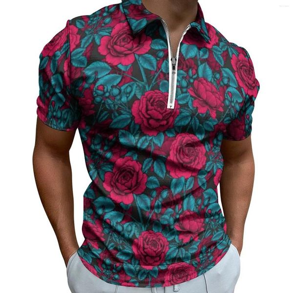 Polos para Hombre Camisas Polo con Estampado De Rosas Rojas Camisa Informal Floral Vintage para Hombre Ropa Informal para El Día Camisetas con Cremallera Ropa De Gran Tamaño De Manga Corta