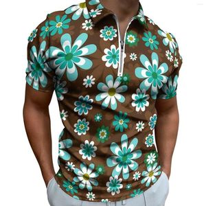 Polos pour hommes Rétro Mod Fleurs Polos Hommes Chemise décontractée marron et bleu T-shirts à fermeture éclair quotidienne T-shirts graphiques à manches courtes Tops surdimensionnés