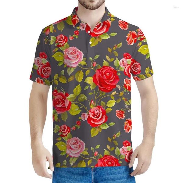 Polos pour hommes rétro Rose Fleur 3D Polo imprimé Polo Men de floral Summer Modèle Short Bouton Bouton T-shirts T-shirt surdimensionné surdimensionné