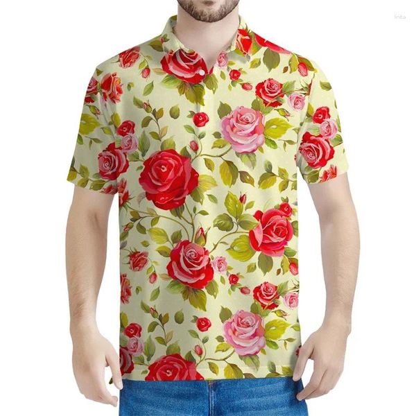 Polos pour hommes Rose Fleur 3D Polo Polo Men Femmes Femmes Summer Floral Modèle Côtes courtes Tops Bouton Bouton T-shirt Casual Street T-shirt