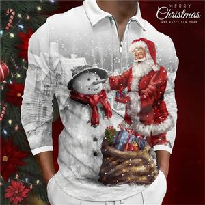 Herenpolo's Kerstman Sneeuwpop Casual Heren 3D-print Polo met rits Golf Street chic Kerstmis Polyester Lange mouw Poloshirts met rits Herfst Winter 231211