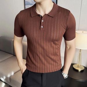 Herenpolo's sexy uitgeholde streep jacquard gebreide poloshirt vaste kleur v-neck rapkraag t-shirts casual zakenmensen kleding