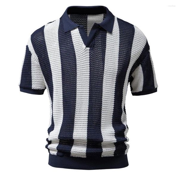 Polos pour hommes Polo à manches courtes Polo confortable et respirant Hommes T 2024 Marque Stripe Hollow-Sculpté Design Casual Style Tops Bleu