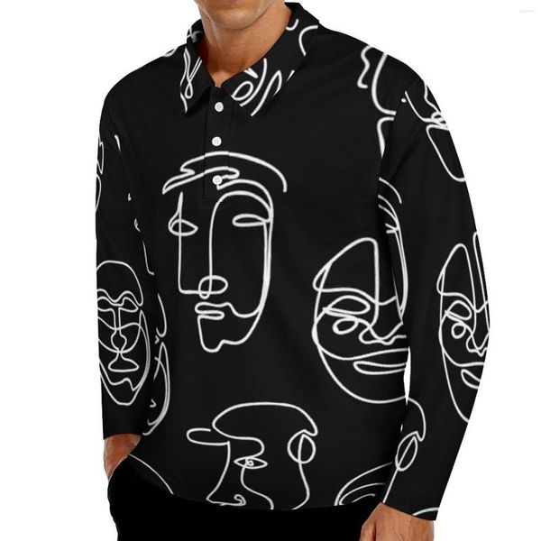 Polos para hombres Diseño de cara de una sola línea camisetas casuales Men Arte abstracto Camisas de polo de manga larga Coloque Estilíneo Camisa gráfica diaria