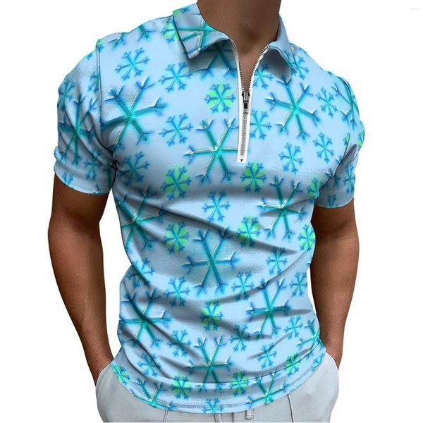 Polos para Hombre Camisa Polo con Estampado De Copo De Nieve Camisetas con Cremallera Estética Diaria Informal En Azul Y Blanco Ropa De Gran Tamaño con Gráficos De Manga Corta