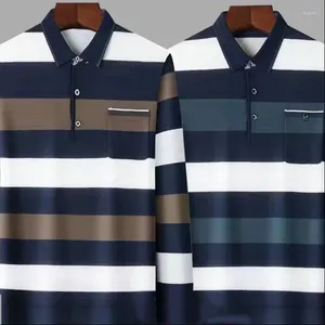 Polos para Hombre Primavera Y Otoño Moda Solapa Raya Botón Bolsillo Tendencia Contraste Color Manga Larga Negocios Casual Camisa POLO Versátil