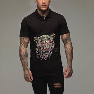 Polos para hombre Primavera y verano Diseño de camisa para hombre Rhinestone Leopard Transpirable Solapa TEES Business Street Manga corta Talla grandeMen's M