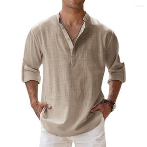 Polos pour hommes printemps été coton lin à manches longues chemise respirante mâle couleur unie décontracté tops basiques 2023