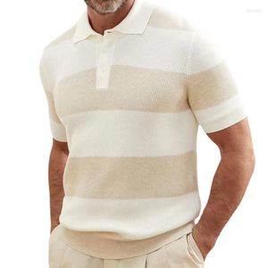Heren polos lente zomer heren gebreide polo shirts losse korte mouw streep stiking tops mannen kleding vintage solide casual tees shirt