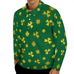 Polos pour hommes St Patricks Day T-shirts décontractés Or Trèfles Irlandais Polos Hommes Chemise Vintage Printemps Manches Longues Vêtements Graphiques Grande Taille