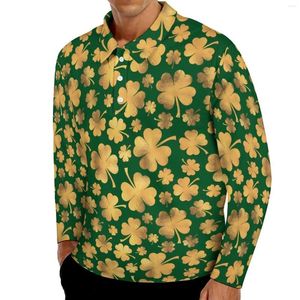 Polos pour hommes St Patricks Day T-shirts occasionnels Hommes Feuille d'or Shamrocks Polos à manches longues Col Nouveauté Automne Chemise personnalisée Plus Taille