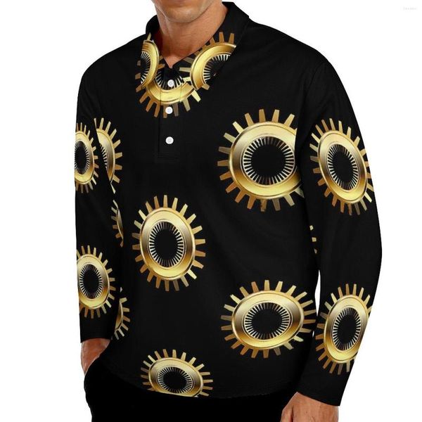 Polos para hombres Steampunk Imprimir Camisetas casuales Hombres Golden Gear Polos de manga larga Turn-Down Collar Trending Autumn Design Shirt Tamaño grande