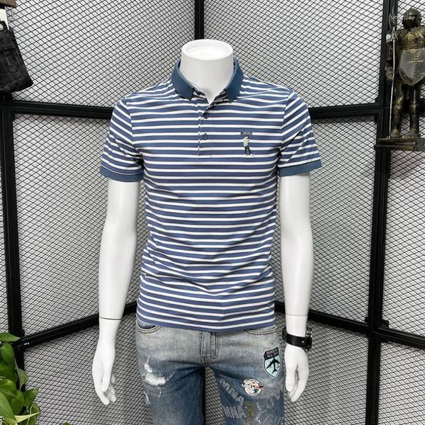 Polos para hombres Ropa de calle Ropa superior Slim Fit para hombre con cuello Camisetas Polo a rayas de alta calidad para hombres Azul Kpop Gym Katoen 5xl