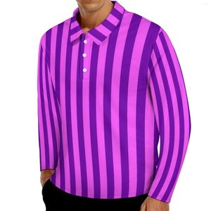 Polos pour hommes Polo décontracté à rayures imprimées T-shirts roses et violets à manches longues personnalisés Automne Rétro Vêtements surdimensionnés Cadeau d'anniversaire