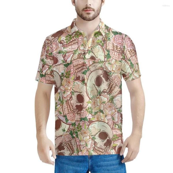 Polos para Hombre Cráneo De Azúcar Floral Rosa Patrón De Rosa Ropa De Verano Polos Ropa De Calle Camiseta De Manga Corta Informal Cuello Vuelto Tops De Baile