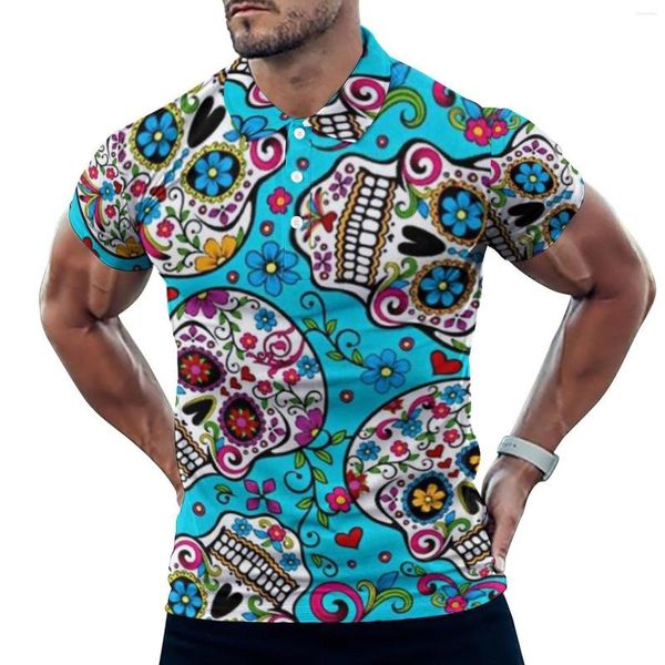 Polos para hombre Camisetas informales con estampado de calavera de azúcar, polos con calaveras de flores, camisa de tendencia para hombre, ropa gráfica de manga corta con fecha, talla grande