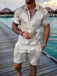 Herren Polos Anzug Mode Männer Sets Mesh Gedruckt 2023 Streetwear V-ausschnitt Kurzarm Hemd Shorts Zwei Stücke MenCasual