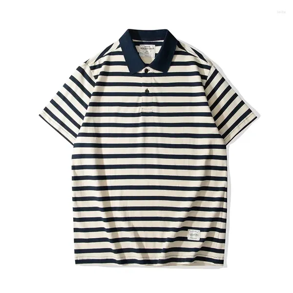 POLOS Men's Summer American Retro Stripe Fashion Fashion Polo Camiseta Simple Pure Cotton Short Manga juvenil T-Shir informal