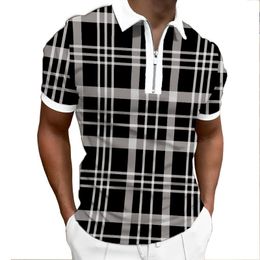 Polos pour hommes été motif rayé noir et blanc impression 3D ample décontracté respirant à manches courtes chemise à glissière mode hommes hommes '