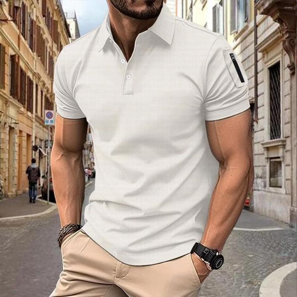 Polos pour hommes été décontracté mode bouton de revers bras gaufré fermeture éclair vraie poche couleur unie sport respirant polo à manches courtes