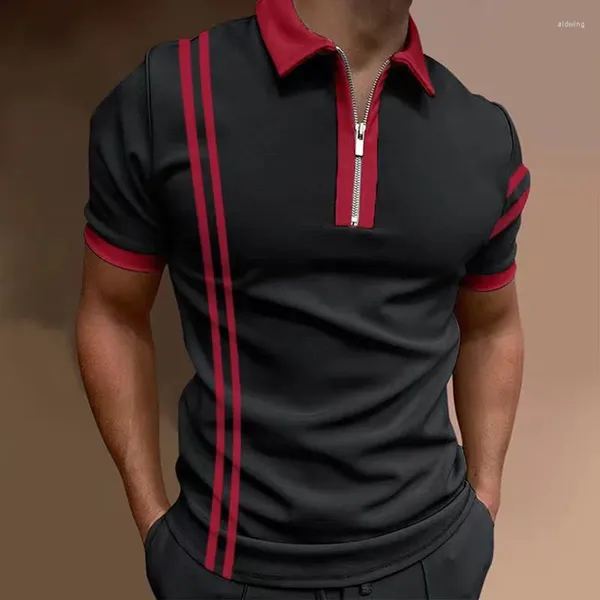 Polos para Hombre Camisa Polo Informal De Verano Camiseta De Manga Corta A Rayas Top Transpirable Solapa con Cremallera Comercial Ropa De Calle