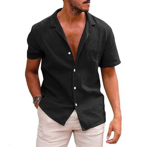Polos pour hommes été décontracté couleur unie chemisier coton lin chemise à manches courtes cardigan ample hauts confortable respirant plage mâle p230718
