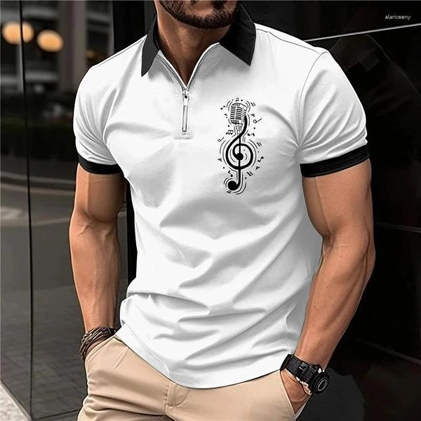 POLOS MENOS POLOS POLO POLO POLO Tops 3d Musical Notas impresas Camiseta de manga corta Camiseta Asegilla transpirable Zip 2024