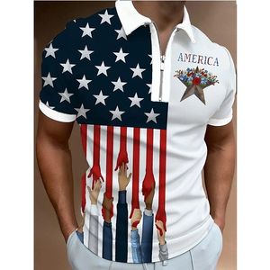 Polos para hombre, ropa de verano, camisas, ropa de calle, camiseta de manga corta informal con estampado de bandera, camisetas de graduación con cremallera y cuello vuelto para hombre 230317