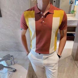 Men's Polos Summer Fashion Patchwork Striped Knitted Sweaters Short Sleeve Tees Tops Men Polo Shirt Casual Lapel Polo Shirt Retro Shirt 3XL 221122