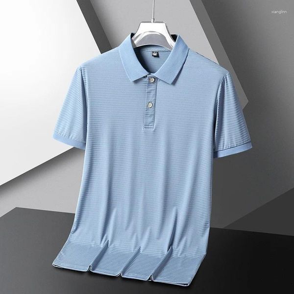 Polos pour hommes Mode d'été Tendance Stripe Polo Bouton mince Panneau de soie glacée à manches courtes Simple Casual Tops amples et confortables