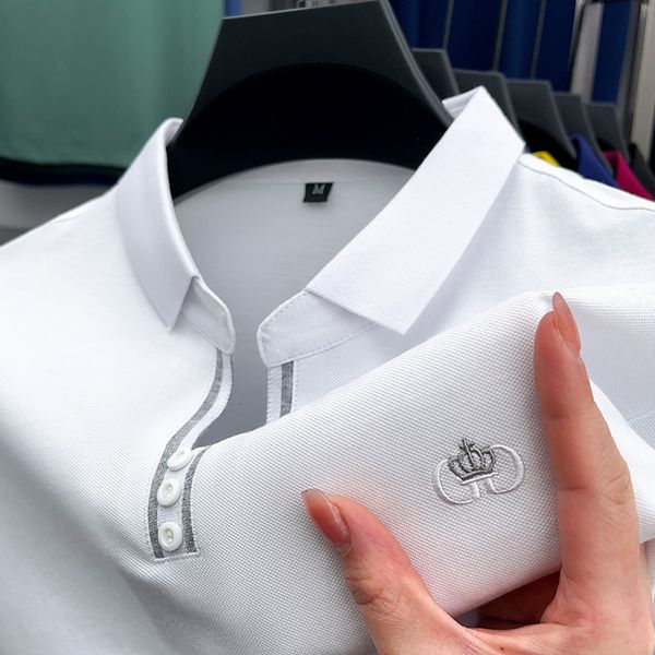 Polos pour hommes été haute teneur en coton polo chemise revers décolleté rayures blanches décontracté à manches courtes couronne broderie t-shirt m4xl 230901