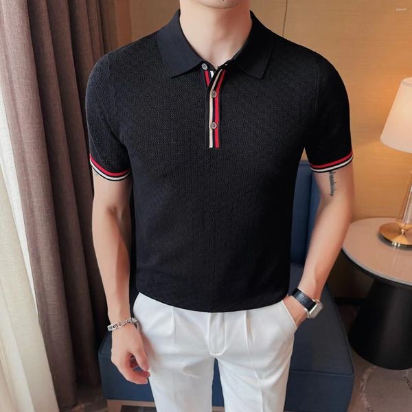 Polos pour hommes Polo tricoté d'été avec design évidé T-shirt à manches courtes et col à revers de style britannique