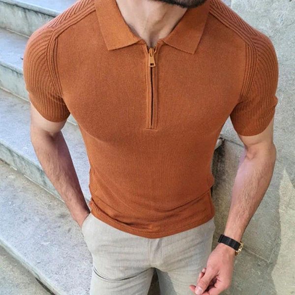 Polos pour hommes Summer Tricot Knit Pulls Streetwear Mode Slim Zip Chemises 2024 Solide Hommes Vêtements À Manches Courtes Revers Chemise Formelle