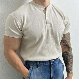 Polos masculinos verão luxo sólido waffle colarinho botão camisa polo masculino solto coreano simples tendência versátil moda algodão de manga curta topo
