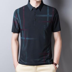 Polos pour hommes Chemise d'été pour hommes T-shirt à manches courtes Business Casual Imprimé Ice Soie Vêtements de travail Designer Mode Noir GreeMen's Men's