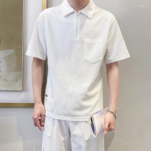 Polos pour hommes Été Hommes Coréen Lâche Poche personnalisée Polo à manches courtes / Mâle Polyvalent Couleur Solide Casual Chemise à fermeture éclair 3XL