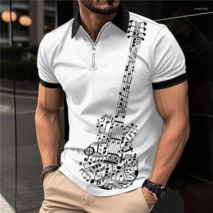 Polos pour hommes Polos d'été pour hommes Polos de mode européenne et américaine Musique Notes de guitare Impression Style de fermeture à glissière Hommes