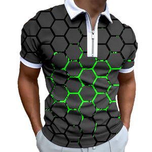 Polos pour hommes d'été Polo à manches courtes pour hommes Garçons Zipper Revers T-shirts Tops Angleterre Style Abstrait Géométrique 3D Imprimer Golf Vêtements 230617