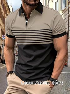 Polos para hombres Verano Hombres Vintage Polo Camisa Rayas Color Bloque Ropa Hombre Casual Manga corta Tops Tees Moda Cremallera Solapa Camiseta