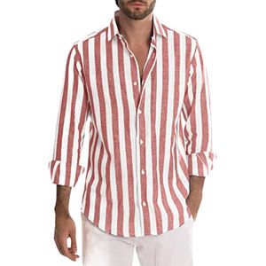 Meno Polos Summer Mens en lin Mans avec des poches à imprimé rayées à manches longues Bouton Coll Collar Homme Clothingl2405