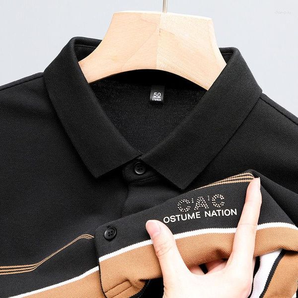 Polos de verano para hombre, camiseta de manga corta con solapa de algodón puro para hombre, camiseta POLO de negocios informal de gama alta transpirable a la moda con diamantes a rayas