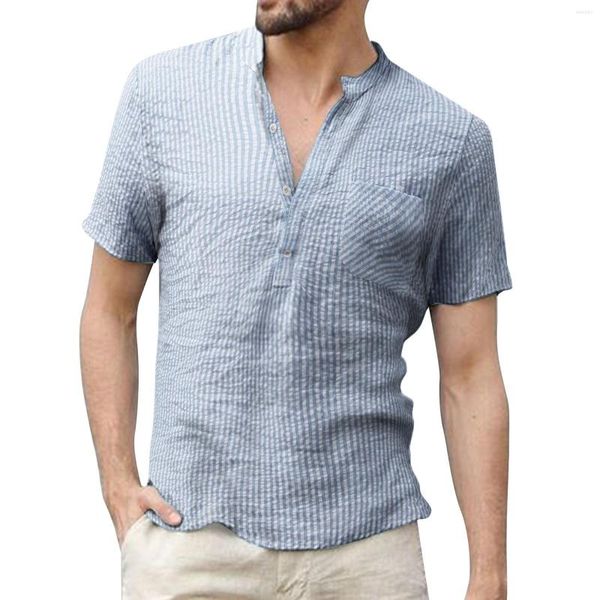 Polos pour hommes Chemises en lin à manches courtes d'été T-shirt décontracté pour hommes avec col montant Chemise solide Haut d'affaires